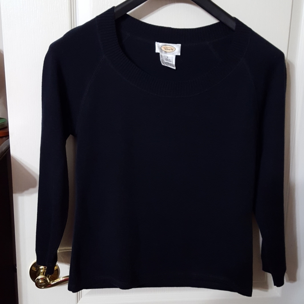 Talbots black pullover sweater 3/4 sleeve scoop neck thin knit size Small EUC …